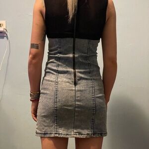 Black and Acid Washed Blue Denim and Sheath Mini Dress for Night Out
